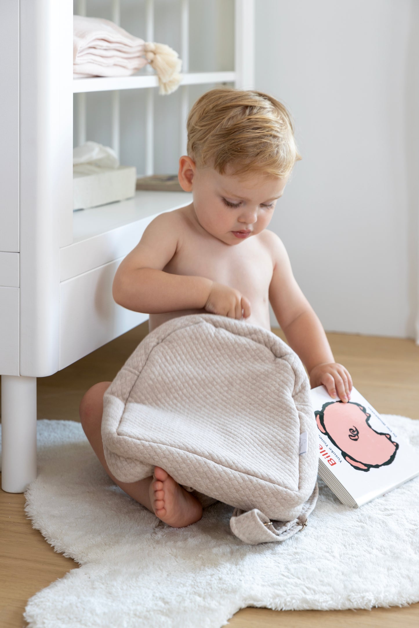 Kinder rugzak met strik beige - Personaliseerbaar